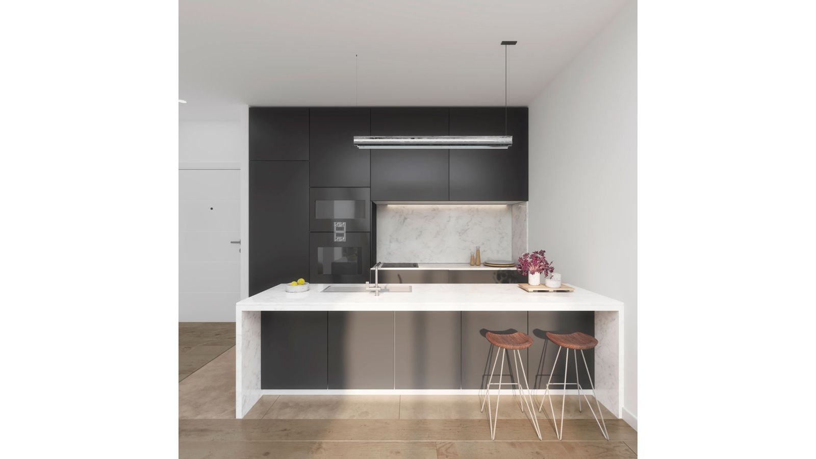 Moderne Küche mit schwarzen Schränken und weißer Marmorarbeitsplatte