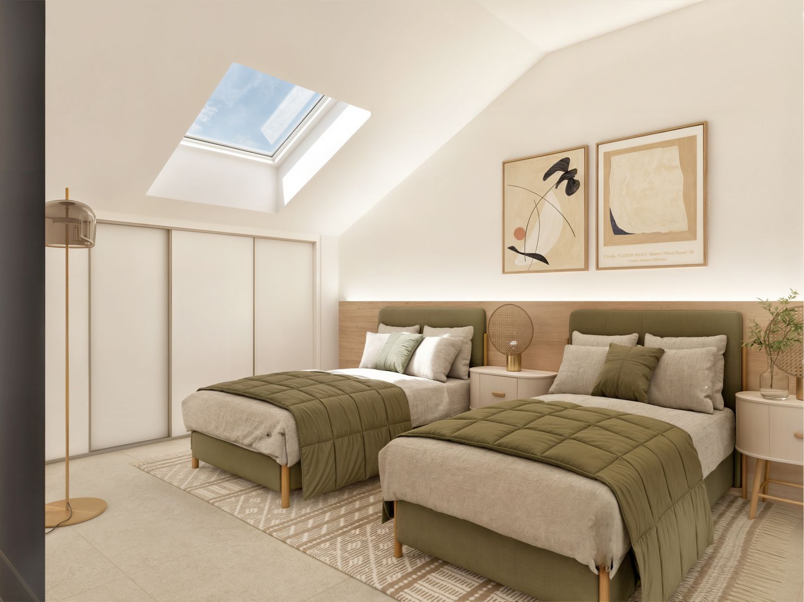 Helles Schlafzimmer mit zwei Einzelbetten und einem Dachfenster