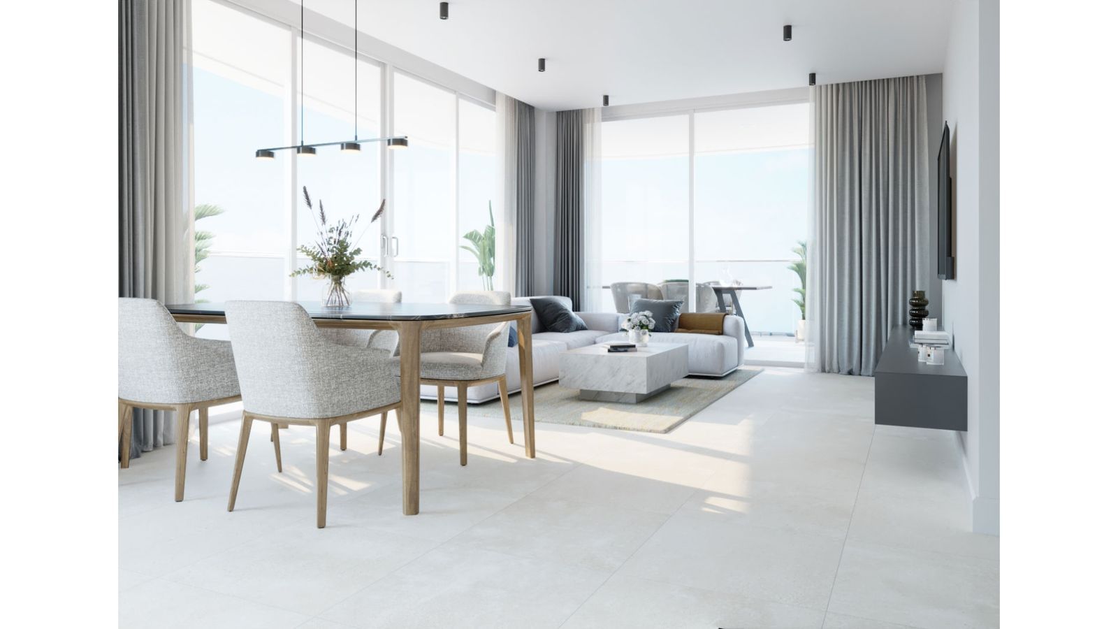 Modernes Apartment Wohn- und Esszimmer mit hellem, elegantem Design.